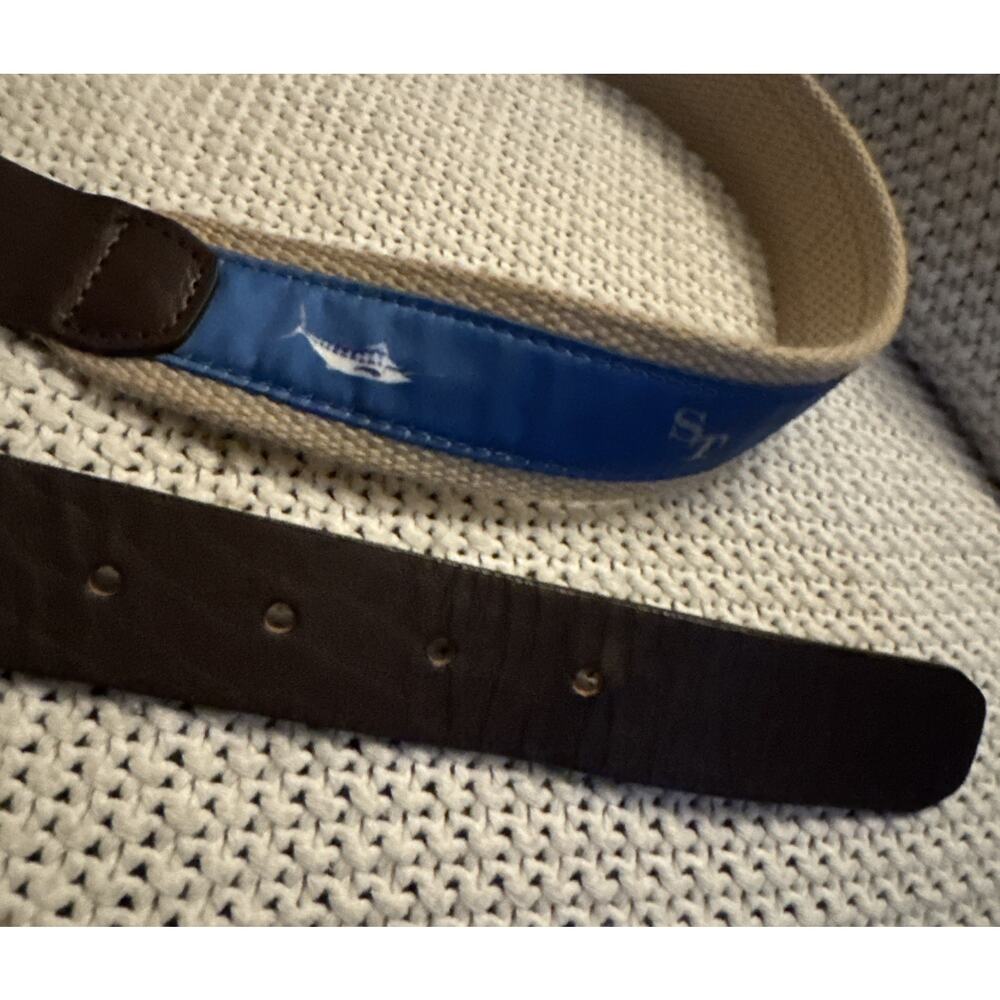 Southern Tide Canvas Brown Leather Fish Belt Men's Size 38 Blue Mahi Sword Fish - Picture 4 of 7